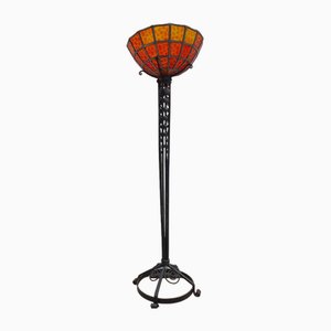 Art Deco Lamp in Forged Iron and Red Stained Glass, 1930-SIZ-1790871