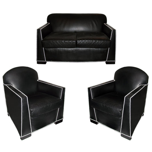 Art Deco Leather Living Room Set by Pierre Chareau, 1930s, Set of 3