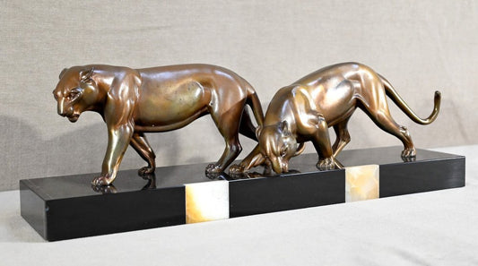 Art Deco Lionesses Sculpture, 1940, Regula