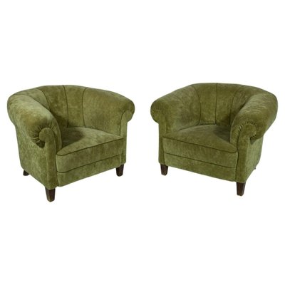 Art Deco Lounge Chairs in Green Olive Velvet Upholstery, Set of 2-KL-1315650