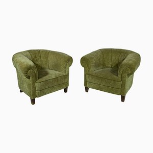 Art Deco Lounge Chairs in Green Olive Velvet Upholstery, Set of 2-KL-1315650