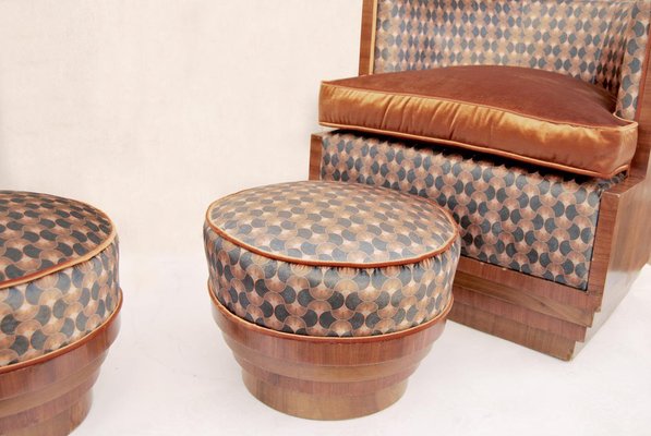 Art Deco Lounge Chairs with Poufs, 1940s, Set of 4-CGZ-1789654