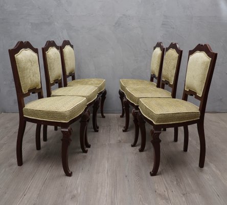 Art Deco Mahogany and Geometric Green Velvet Dining Chairs, 1920s, Set of 6-UH-692117