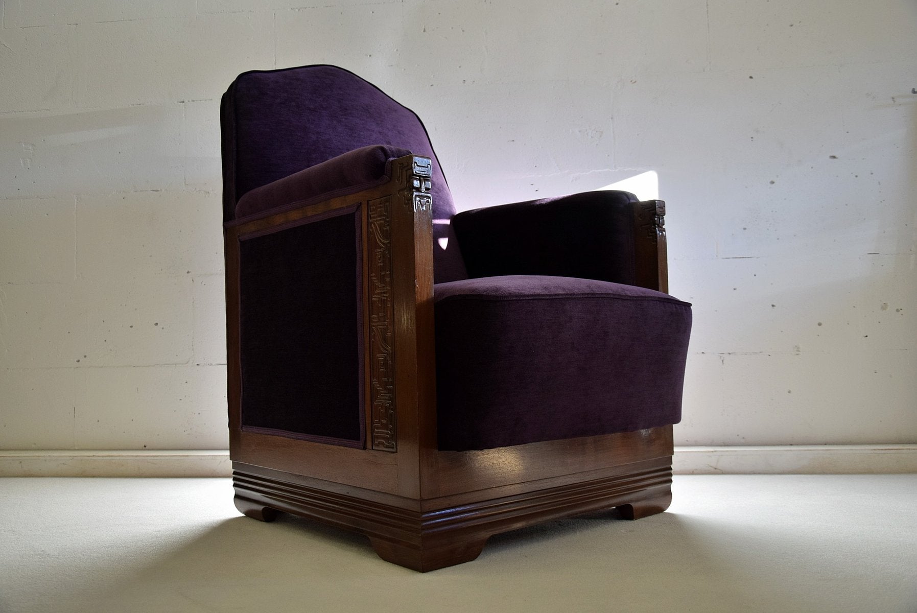 Art Deco Mahogany and Purple Velvet Lounge Chairs by Carel Adolph Lion Cachet, Set of 2, 1930s