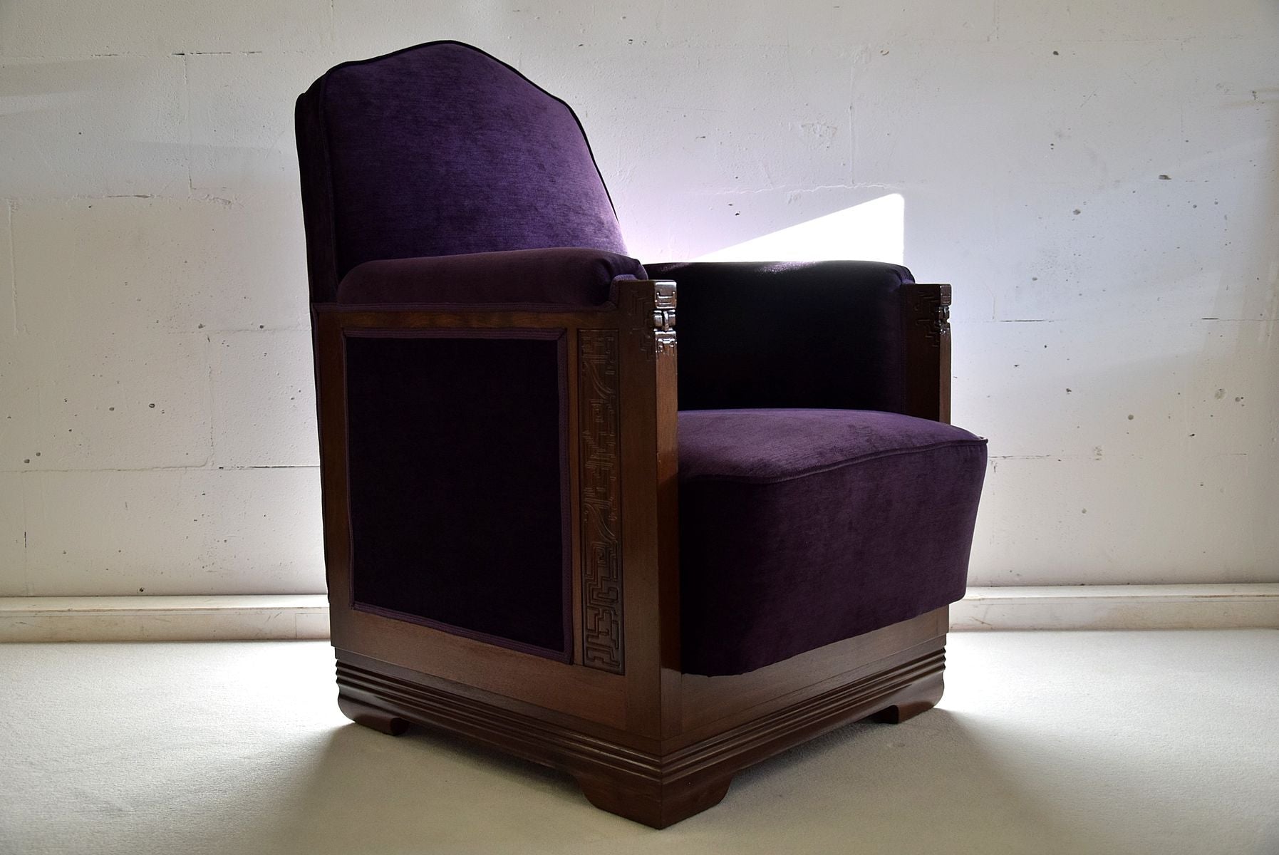 Art Deco Mahogany and Purple Velvet Lounge Chairs by Carel Adolph Lion Cachet, Set of 2, 1930s