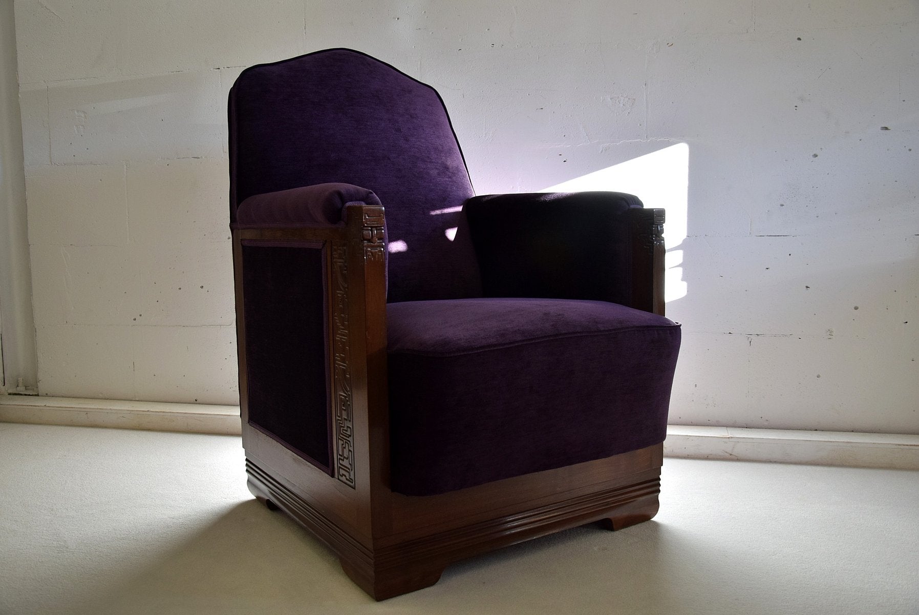 Art Deco Mahogany and Purple Velvet Lounge Chairs by Carel Adolph Lion Cachet, Set of 2, 1930s