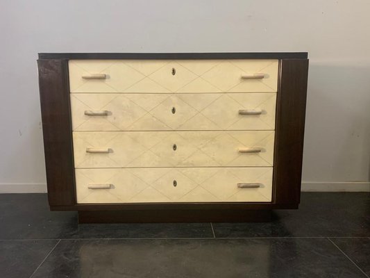 Art Deco Mahogany Chest of Drawers with Parchment Handles, 1940s-IJR-801956