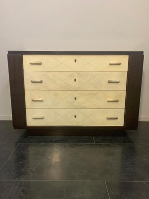 Art Deco Mahogany Chest of Drawers with Parchment Handles, 1940s-IJR-801956