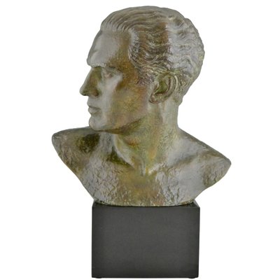 Art Deco Male Bust Sculpture of Aviator Jean Mermoz in Bronze & Marble by Lucien Gibert, 1925-KTN-1786363