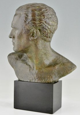 Art Deco Male Bust Sculpture of Aviator Jean Mermoz in Bronze & Marble by Lucien Gibert, 1925-KTN-1786363