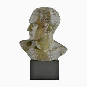 Art Deco Male Bust Sculpture of Aviator Jean Mermoz in Bronze & Marble by Lucien Gibert, 1925-KTN-1786363