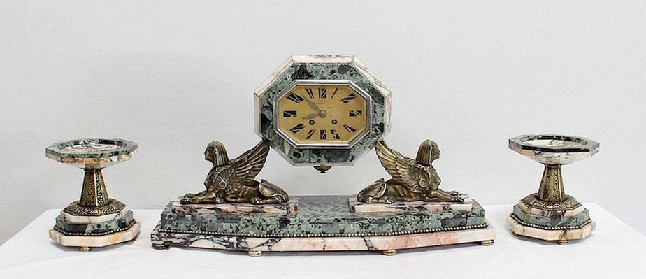 Art Deco Marble and Bronze Mantel Clock & Decoration, 1940s, Set of 3-RVK-990959