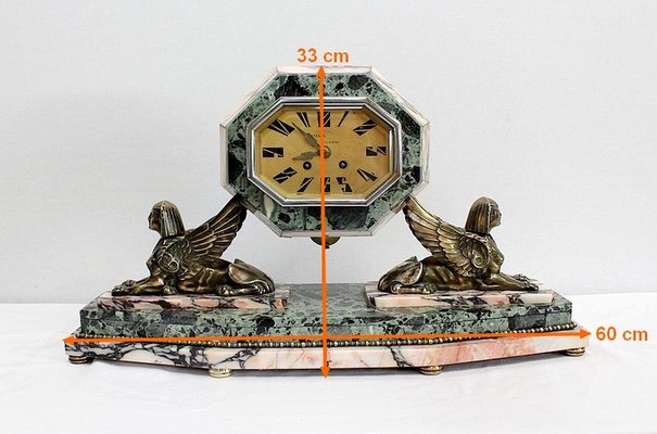 Art Deco Marble and Bronze Mantel Clock & Decoration, 1940s, Set of 3-RVK-990959