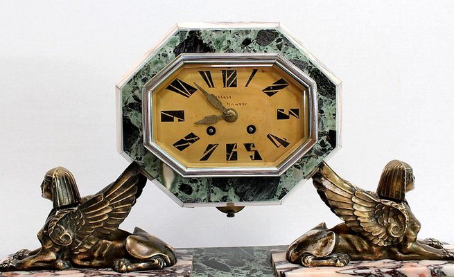 Art Deco Marble and Bronze Mantel Clock & Decoration, 1940s, Set of 3-RVK-990959