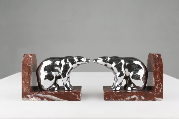 Art Deco Marble and Metal Bear Bookends, 1930s-YSY-1756366