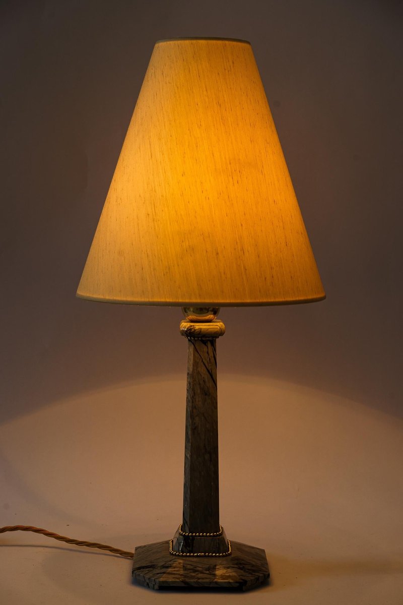 Art Deco Marble Table Lamp with Brass Parts and Fabric Shade, Vienna, 1920s