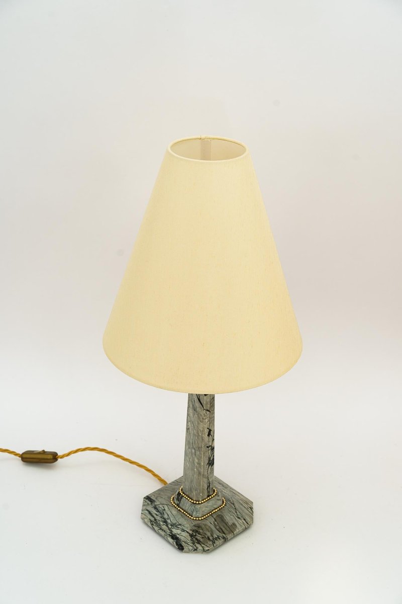 Art Deco Marble Table Lamp with Brass Parts and Fabric Shade, Vienna, 1920s