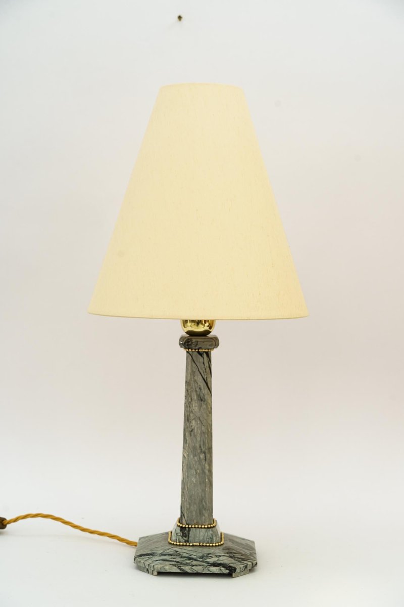 Art Deco Marble Table Lamp with Brass Parts and Fabric Shade, Vienna, 1920s