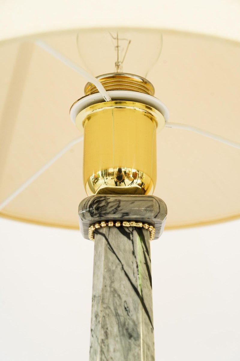 Art Deco Marble Table Lamp with Brass Parts and Fabric Shade, Vienna, 1920s