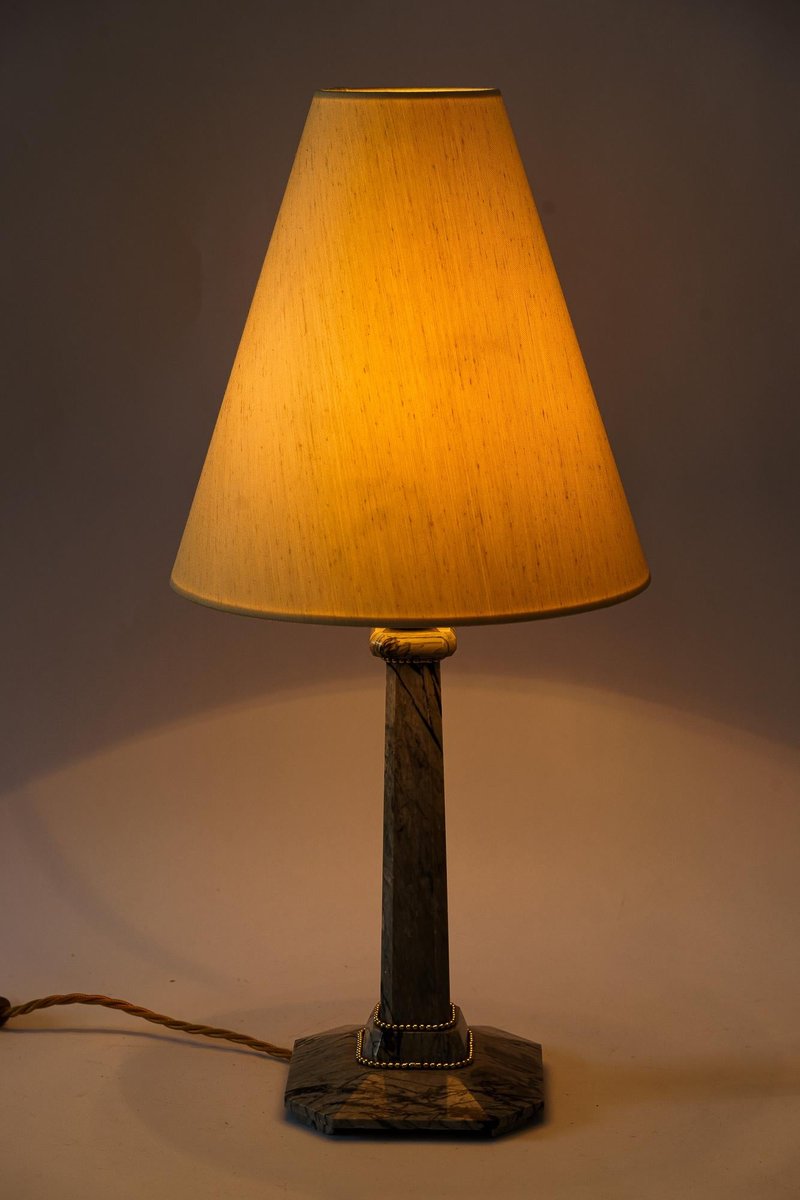 Art Deco Marble Table Lamp with Brass Parts and Fabric Shade, Vienna, 1920s