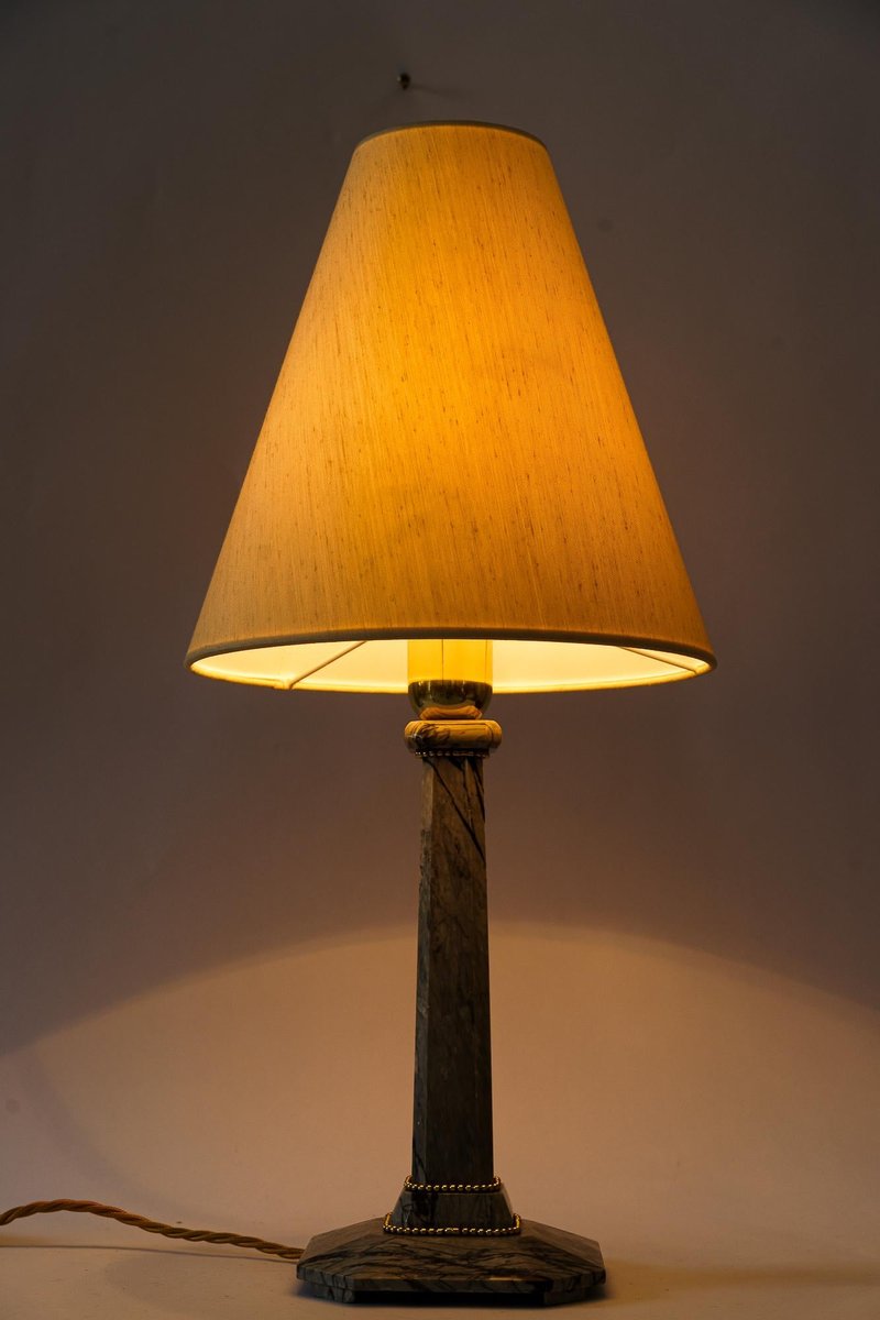 Art Deco Marble Table Lamp with Brass Parts and Fabric Shade, Vienna, 1920s