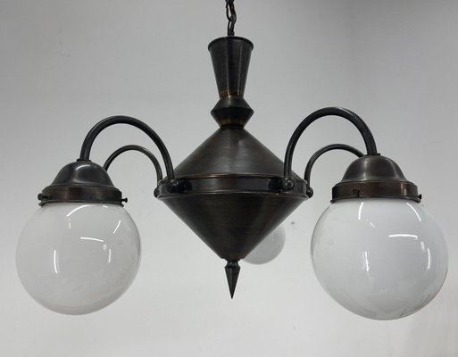 Art Deco Metal and Milk Glass Chandelier, 1930s-TZ-1345443