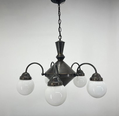 Art Deco Metal and Milk Glass Chandelier, 1930s-TZ-1345443