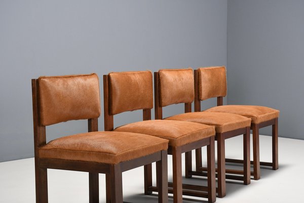 Art Deco Minimalist Cowhide Dining Chairs, Netherlands, 1940s, Set of 4-QT-1509076