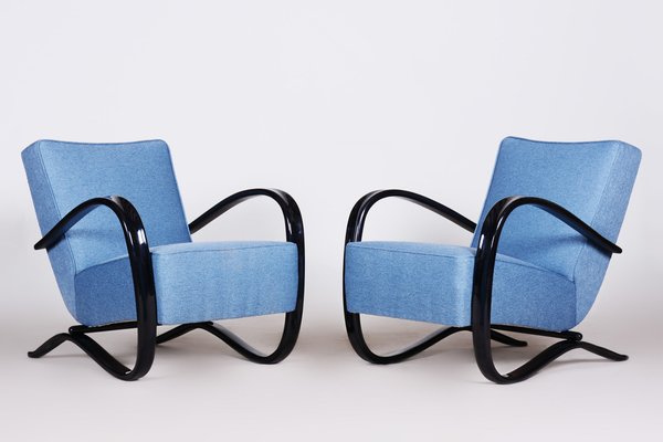 Art Deco Model H-269 Lounge Chairs in Beech and Blue Upholstery attributed to Jindřich Halabala for Up Závody, Former Czechoslovakia, 1930s, Set of 2-WHY-1768707