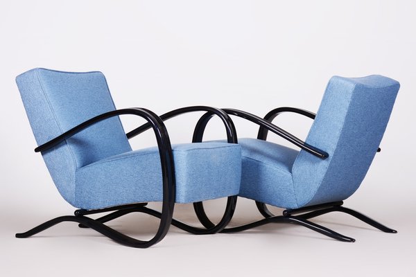 Art Deco Model H-269 Lounge Chairs in Beech and Blue Upholstery attributed to Jindřich Halabala for Up Závody, Former Czechoslovakia, 1930s, Set of 2-WHY-1768707