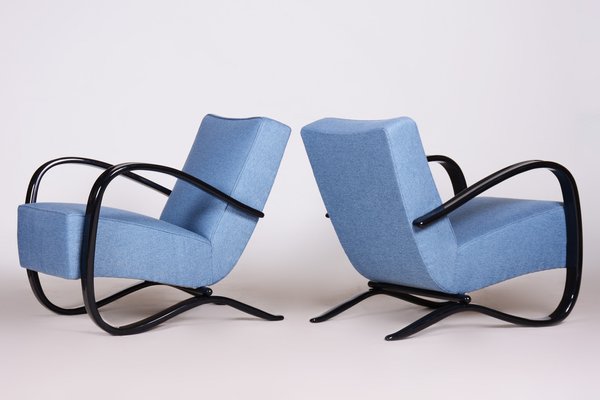 Art Deco Model H-269 Lounge Chairs in Beech and Blue Upholstery attributed to Jindřich Halabala for Up Závody, Former Czechoslovakia, 1930s, Set of 2-WHY-1768707