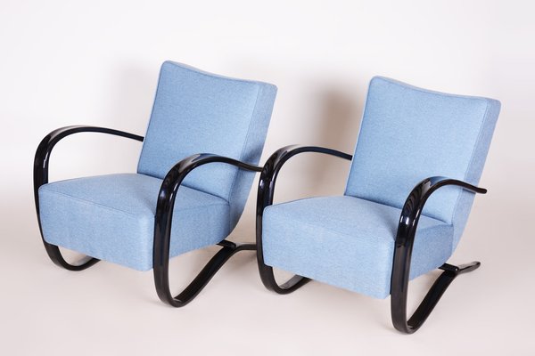 Art Deco Model H-269 Lounge Chairs in Beech and Blue Upholstery attributed to Jindřich Halabala for Up Závody, Former Czechoslovakia, 1930s, Set of 2-WHY-1768707