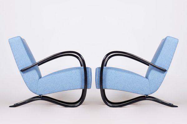 Art Deco Model H-269 Lounge Chairs in Beech and Blue Upholstery attributed to Jindřich Halabala for Up Závody, Former Czechoslovakia, 1930s, Set of 2-WHY-1768707