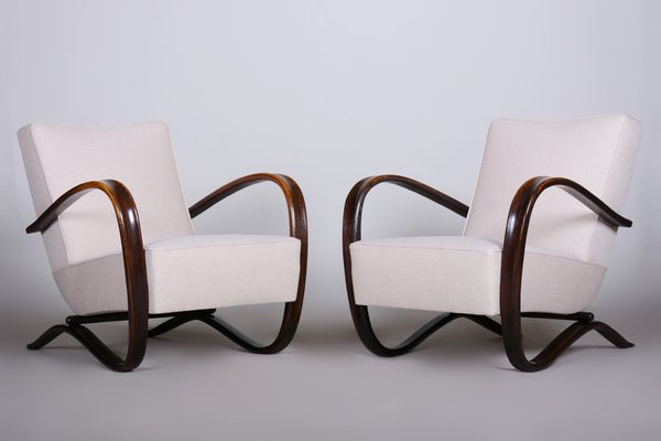 Art Deco Model H-269 Lounge Chairs in Beech and White Upholstery attributed to Jindřich Halabala for Up Závody, Former Czechoslovakia, 1930s, Set of 2-WHY-1768701