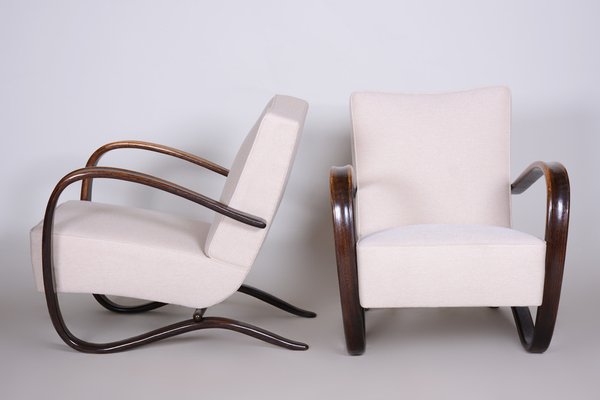 Art Deco Model H-269 Lounge Chairs in Beech and White Upholstery attributed to Jindřich Halabala for Up Závody, Former Czechoslovakia, 1930s, Set of 2-WHY-1768701