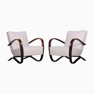 Art Deco Model H-269 Lounge Chairs in Beech and White Upholstery attributed to Jindřich Halabala for Up Závody, Former Czechoslovakia, 1930s, Set of 2-WHY-1768701