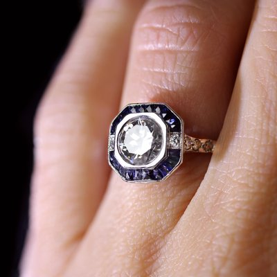 Art Deco Modern Sapphires Diamonds Platinum Ring-OLU-2042369