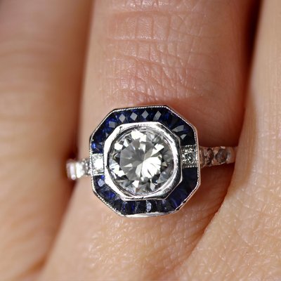 Art Deco Modern Sapphires Diamonds Platinum Ring-OLU-2042369