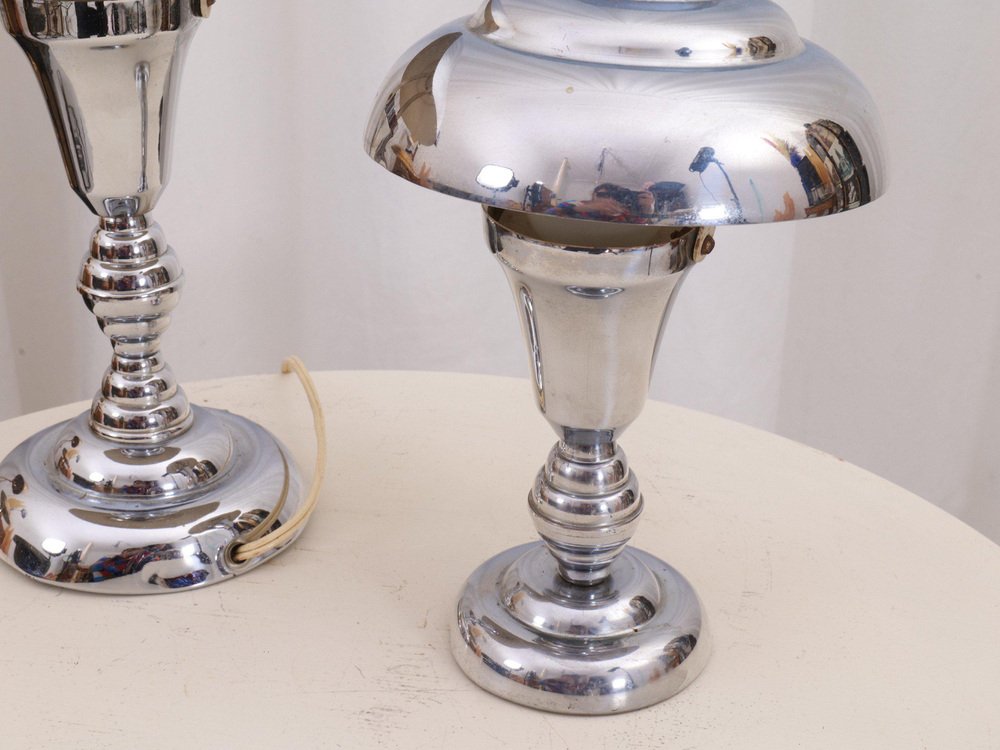 Art Deco Modernist Nickel-Plated Lamps, Set of 2