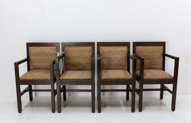 Art Deco Moroccan Armchairs in Carved Pine, 1930, Set of 4-RIU-1299356