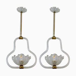 Art Deco Murano Glass and Brass Pendants or Lanterns attributed to Barovier from Erco, 1940-MBH-1757449