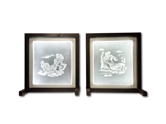 Art Deco Mythological Etched & Enlighted Glass Panels, 1920s, Set of 2