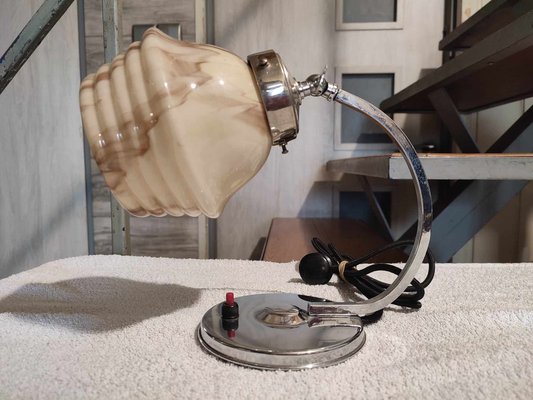 Art Deco Nickel-Plated Brass Lamp with Marble Shade, 1920s-CAQ-1763143