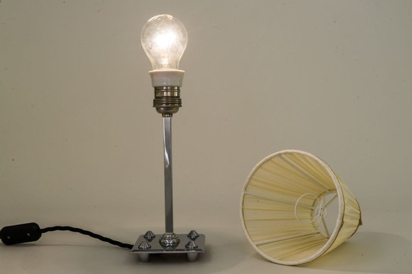 Art Deco Nickel-Plated Brass Table Lamp with Fabric Lampshade, 1920s-SPD-831598