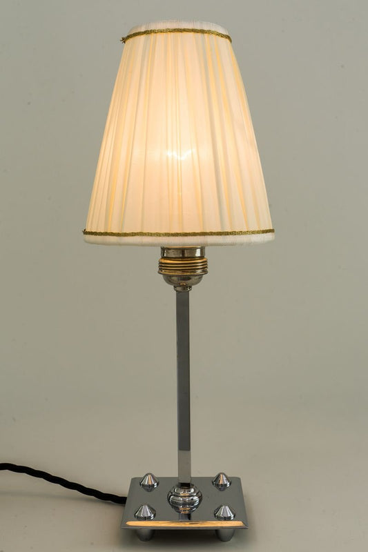 Art Deco Nickel-Plated Brass Table Lamp with Fabric Lampshade, 1920s