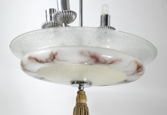 Art Deco Nickel-Plated, Marble & Glass Pendant Chandelier, 1930s-UWE-798174