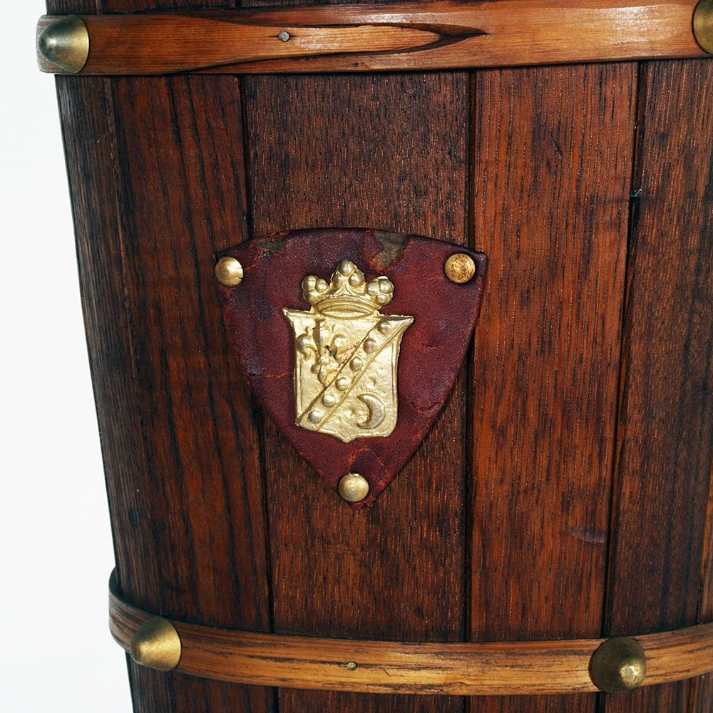 Art Deco Oak Umbrella Holder with Gold Metal Coat of Arms, 1926