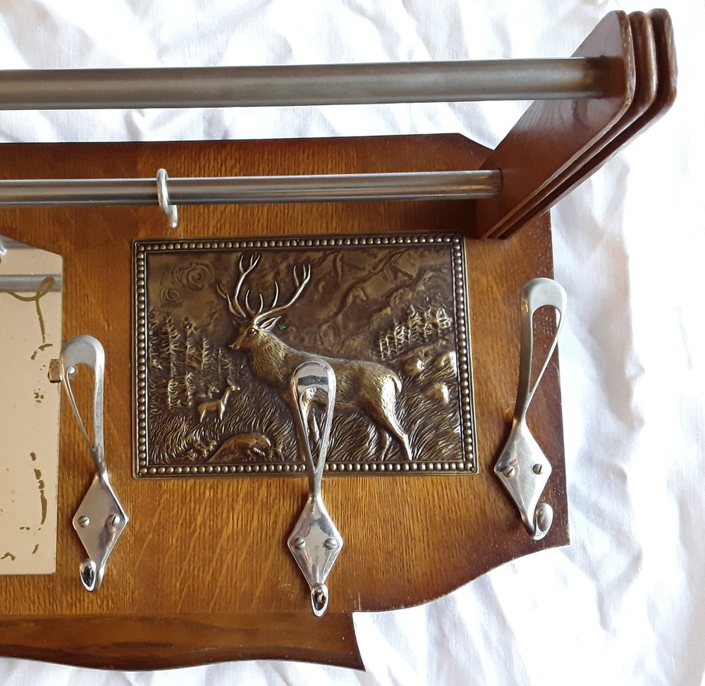 Art Deco Oak Wood Silver Wall Wardrobe with Hooks and Cloakroom Rods, 1930s