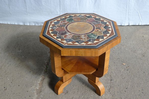 Art Deco Octagonal Coffee Table in Walnut & Marble Top with Geometric Inlays, 1920s-VRE-624007