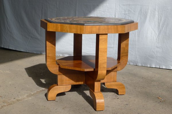 Art Deco Octagonal Coffee Table in Walnut & Marble Top with Geometric Inlays, 1920s-VRE-624007